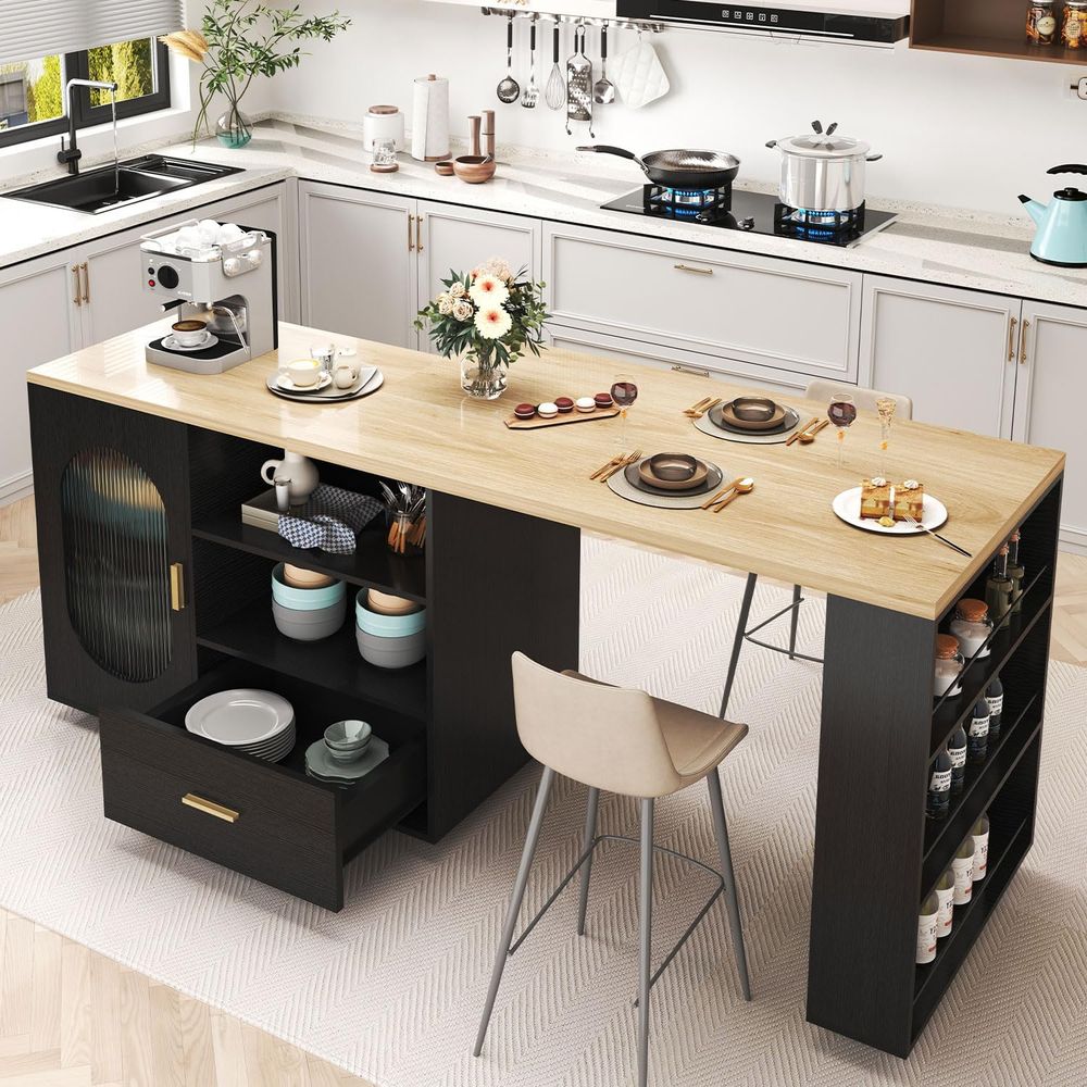 Home Bar Seating - 72 Swivel Kitchen Island with Storage,