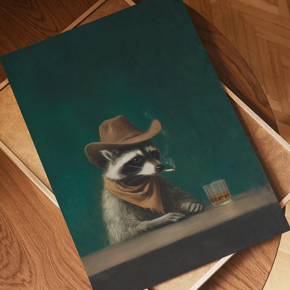 Home Bar Lounge - Smoking Raccoon Cowboy Wall Art Canvas